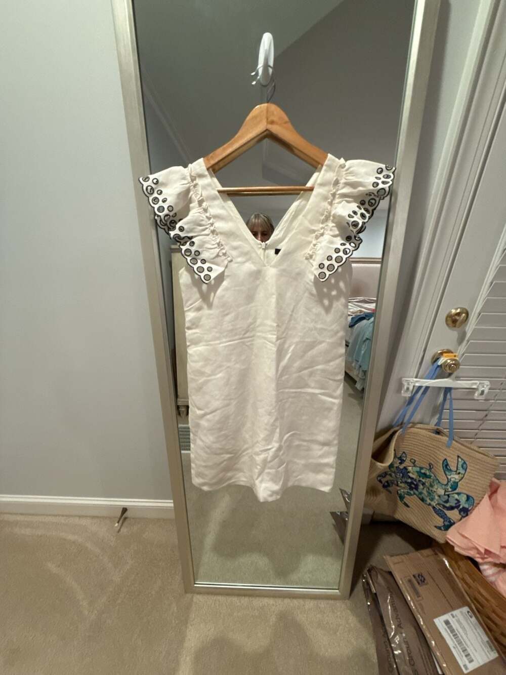 J. Crew Collection Linen Ruffle-Shoulder Eyelet Sheath Dress Ivory